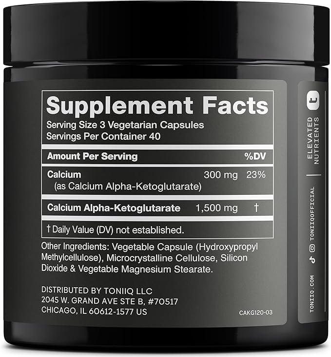 Toniiq 1500mg Ultra High Purity Ca AKG Supplement - 99%+ Highly Purified and Bioavailable Calcium Alpha-Ketoglutarate - Calcium AKG Longevity Supplement - 120 Ca-AKG Vegetarian Capsules