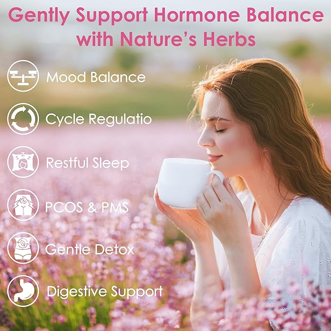 UBEEKOO Hormone Balance Tea for Women, Organic Herbal Tea with Red Raspberry Leaf, Tulsi, Spearmint, Nettle for PMS & PCOS Supplements, Caffeine-Free Female Hormone Loose Leaf Tea, 30 Tea Bags