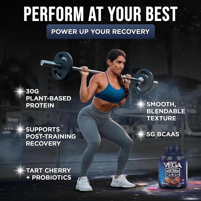 Vega Protein + Recovery, Chocolate – 30g Vegan Protein, Dairy & Gluten Free, Probiotics, NSF Certified, 4.4 lbs (45 Servings)