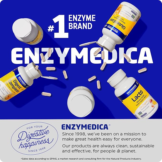 Enzymedica GlutenEase, Advanced Digestive Enzymes for Women and Men, Fast-Acting Formula for Bloating Relief & Digestive Health, Helps Break Down Gluten & Casein, 60 Capsules FFP
