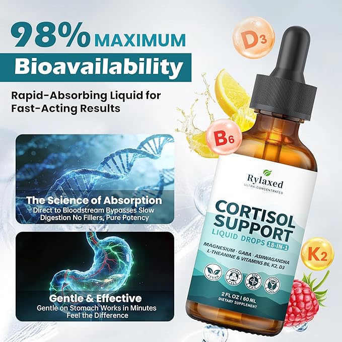 Cortisol Supplements for Women & Men, 18 in 1 Stress & Mood Support Drops with Magnesium 480mg, GABA, Ashwagandha, L-Theanine & Phosphatidylserine, for Relaxation & Sleep, Lemon Raspberry Flavor 60mL