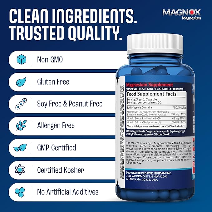 MAGNOX® High Absorption Magnesium Supplement with B6 & D3 Vitamins for Women & Men | Sleep Support | One Capsule a Day for Full Dosage (432mg) Patented & Clinically Tested Formula (60 pils)