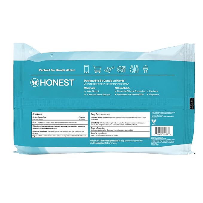 The Honest Company Fragrance-Free Sanitizing Alcohol Wipes, Antibacterial, Safe for Hands Kills 99% of Germs, Made With Aloe, 100 Count, (2 Packs 50)