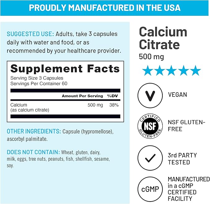 NatureWise Calcium Citrate 500mg Capsules - Supplement for Bone Health - Easy to Digest & Absorb - Vegan, Non-GMO, Gluten-Free - 180 Count[60-Day Supply]