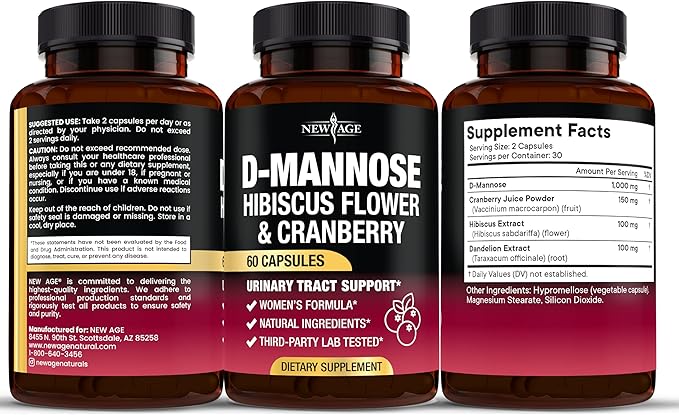 NEW AGE D-Mannose with Cranberry & Hibiscus - High Strength for Urinary Tract Health - Supplement for Women - Bladder, Liver & Microflora Support - Made in USA - Vegan, 120 Capsules