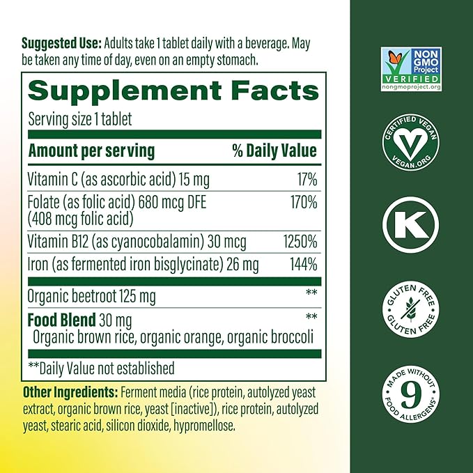 MegaFood Blood Builder - Iron Supplement Clinically Shown to Increase Iron Levels Without Side Effects - Iron Supplement for Women with Vitamin C, Vitamin B12 and Folic Acid - Vegan - 60 Tabs