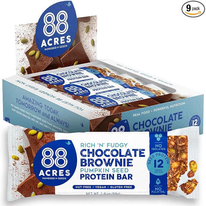 88 Acres Pumpkin Seed Protein Bars, Fudge Brownie, 9 Count, 12g Plant-Based Protein, Gluten Free, Nut Free, School Safe Snack Bar, Vegan, Non-GMO, Individually Wrapped