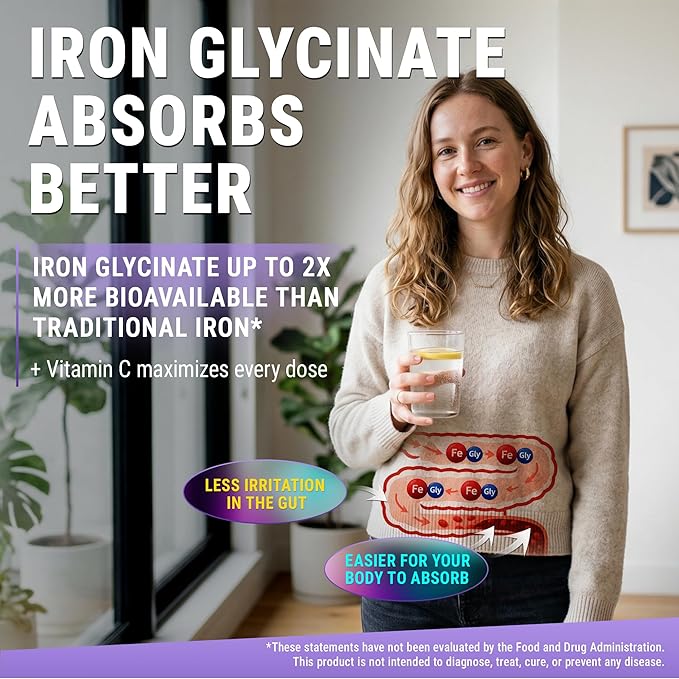 Iron Supplement for Women & Men | Iron Glycinate 50mg + Vitamin C, Folic Acid 1000mcg, Vitamin B12 | Anemia Relief, Energy Boost & Immune Support | Gentle on Stomach, Fast Absorption | 60 Softgels