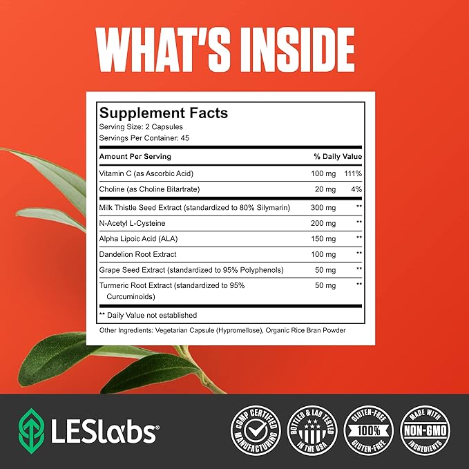 LES Labs Liver Support – Promotes Healthy Liver Function, Glutathione Production & Detoxification – Milk Thistle, NAC, ALA & Dandelion Extracts – Non-GMO Supplement – 90 Capsules
