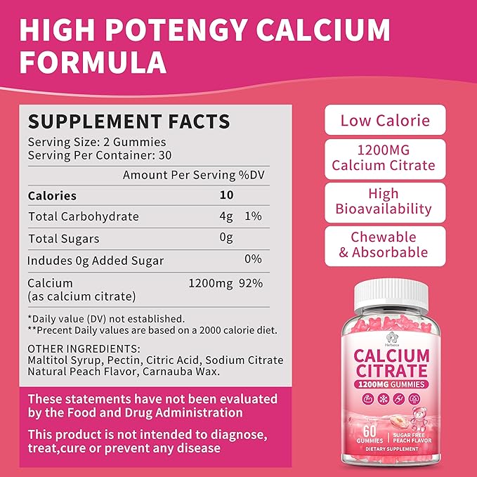 Calcium Citrate Gummies 1200 mg for Adults, High Absorption Calcium Supplement for Women & Men, Sugar Free, Non-GMO, Gluten Free, Supports Muscle & Immune - Natural Peach Flavor