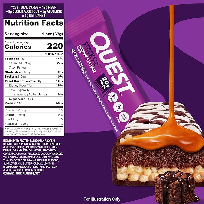 Quest Nutrition Stacks Protein Bars, Brownie a la Mode Flavor, 20g Protein, 3g Net Carbs, 1g Sugar, High Fiber, Low Sugar, Gluten Free, 4 Count