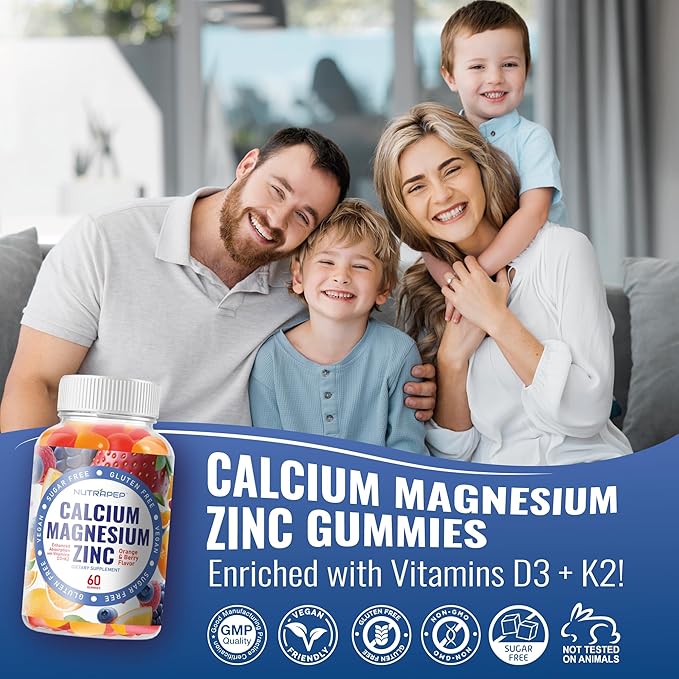 NutraPep Calcium Magnesium Zinc Supplement Gummies - with Vitamin D3 K2 Magnesium Glycinate - Orange Berry Flavored Vegan Sugar-Free Gluten Free Chewable for Men Women Kids