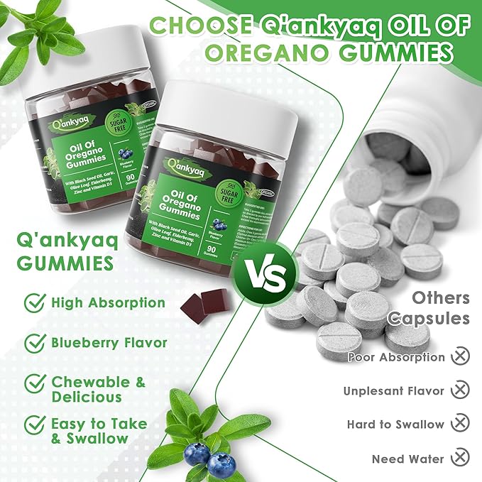 Oregano Oil with Black Seed Oil Organic Gummies for Kids and Adults | 6-in-1 Oregano Oil Supplement | Carvacrol + Thymoquinone | Immune Support with Garlic, Elderberry | Sugar-Free, 90 Chewable