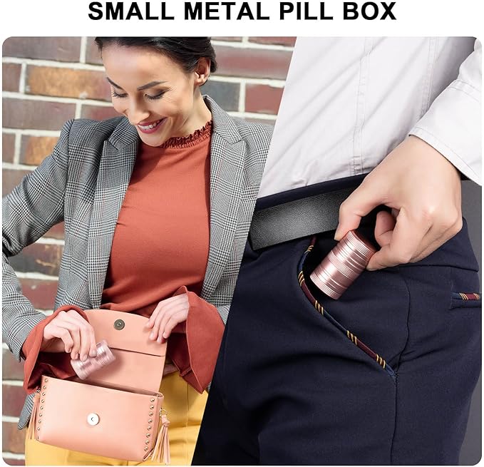 Small Pill Case Metal Pill Container - Waterproof Pill Box for Pocket Purse, Daily Travel Pill Holder 2 Times a Day, Portable Medicine Organizer for Vitamin, Fish Oils, Supplements Pink 1 Pack