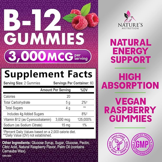 Vitamin B12 Energy Gummies - 3000 mcg per Serving Extra Strength B 12 Gummy for Metabolism & Immune System Support - Chewable Dietary B12 Supplements, Caffeine Free Gummy Vitamin - 120 Gummies
