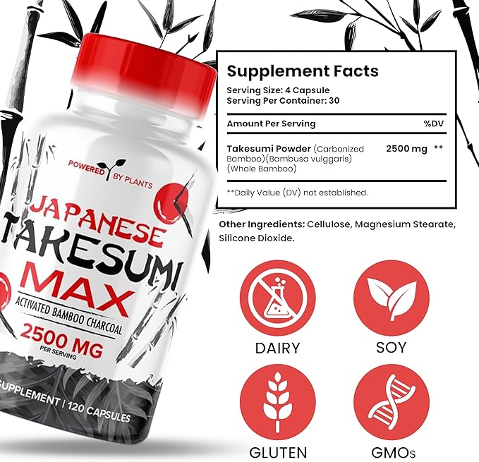 Takesumi Activated Charcoal Capsules 2500MG - Pure Activated Charcoal Supplement from Bamboo for Max Absorption, Detox & Gut Nutrition - 120 Vegetarian Capsules by Powered X Plants