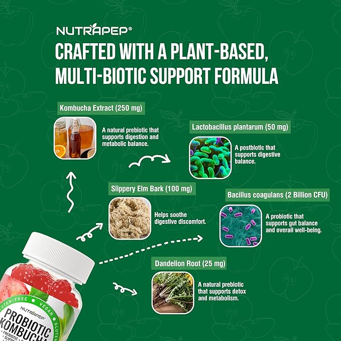 NutraPep Probiotic Kombucha Gummies - Women Men Probiotic Prebiotic Probiotic Blend for Gut Health Bloating Metabolism Support with Slippery Elm Bark Dandelion Root - Vegan Gluten Free Apple Flavor