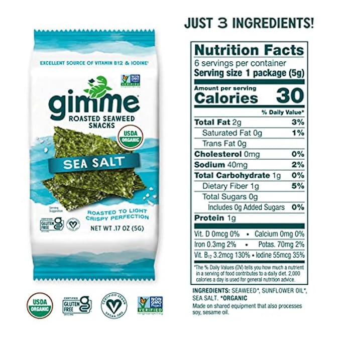 gimMe Seaweed, Sea Salt, 6 Count, Pack of 2 | Organic | Keto & Vegan | Gluten Free | Source of Iodine