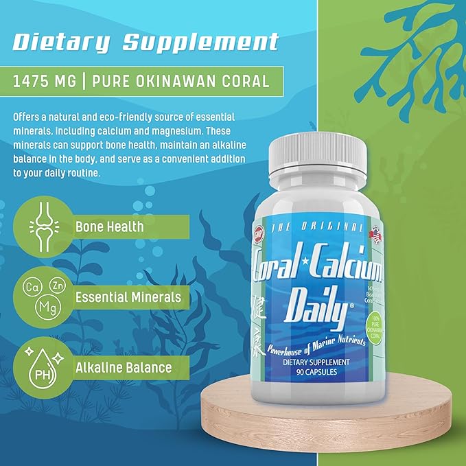 Daily Health, Coral Calcium Pure Okinawa - Marine-Grade Supplement with 72 Trace Minerals - 1475mg, 90 Vegetable Capsules (1 Month Supply)