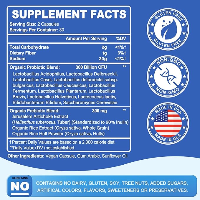 Probiotic 300 Billion CFU - 12 Strains with Organic Prebiotics for Digestive & Gut, Immune, Bloating Health - Probiotics for Women and Men - Daily Dairy Free, Shelf Stable - 240 Counts