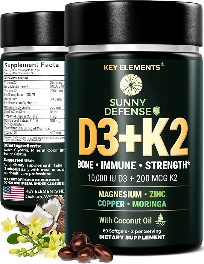 KEY ELEMENTS D3 K2 Vitamin 10,000 IU with Magnesium Glycinate 350mg, Zinc and Moringa - Bone & Immune Support - Vitamin D with K2 MK-7 200mcg - Non-GMO, Gluten-Free Softgels