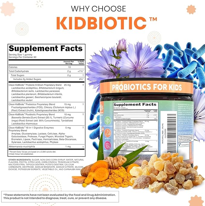 Clean Nutra Kids Probiotics Gummies with Prebiotics, Postbiotics, Digestive Enzymes, Akkermansia, Boswellia Serrata, Turmeric, Chicory – 60 Count – Plant-Based Supplement for Kids – PeachPop Flavor