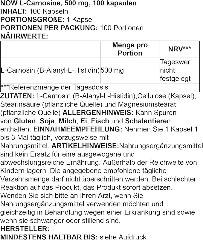 NOW Foods Supplements, L-Carnosine (Beta-Alanyl-L-Histidine) 500 mg, Healthy Aging, 100 Veg Capsules,(Pack of 2)