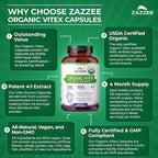 Zazzee USDA Organic Vitex 4:1 Extract, 120 Vegan Capsules, 4 Month Supply, Chaste Berry, Hormonal Balance & Cycle Support for Women, Certified Kosher, Vitex Agnus-Castus, Non-GMO, Made in the USA