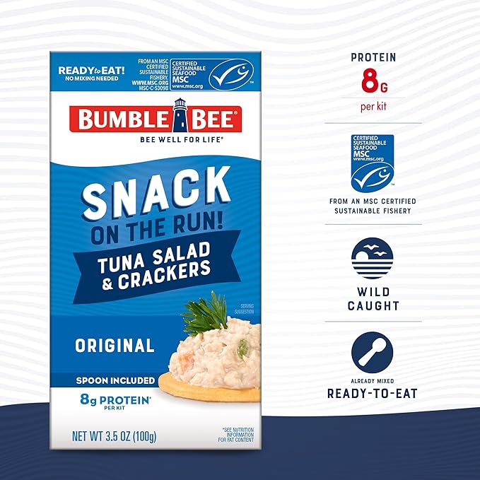 Bumble Bee Snack On The Run! Bulk Protein Snack Packs - Original Tuna Salad and Classic Chicken Salad with Crackers - Ready to Eat Easy-Open Can (Pack of 24)