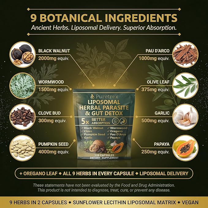 Liposomal Herbal Parasite & Gut Detox, 120 Capsules, 5X Better Absorption, with Black Walnut, Wormwood, Clove, Pumpkin Seed, Garlic, Oregano, PAU D'Arco, Papaya