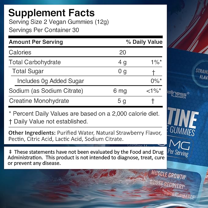 WELLNESS LABSRX Creatine Gummies 5000mg, 30 Servings Creatine Monohydrate Gummies, Strawberry Flavor Creatine for Men - Pack of 2
