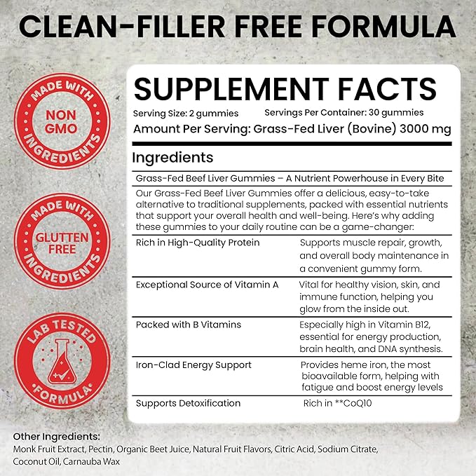 Beef Liver Supplement Grass Fed | Beef Organs Gummies for Women | Pasture Raised in New Zealand | High in Vitamin A B12 & Heme Iron | Non-GMO | Hormone & Pesticide Free | Tastes Delicious | 60 Gummies
