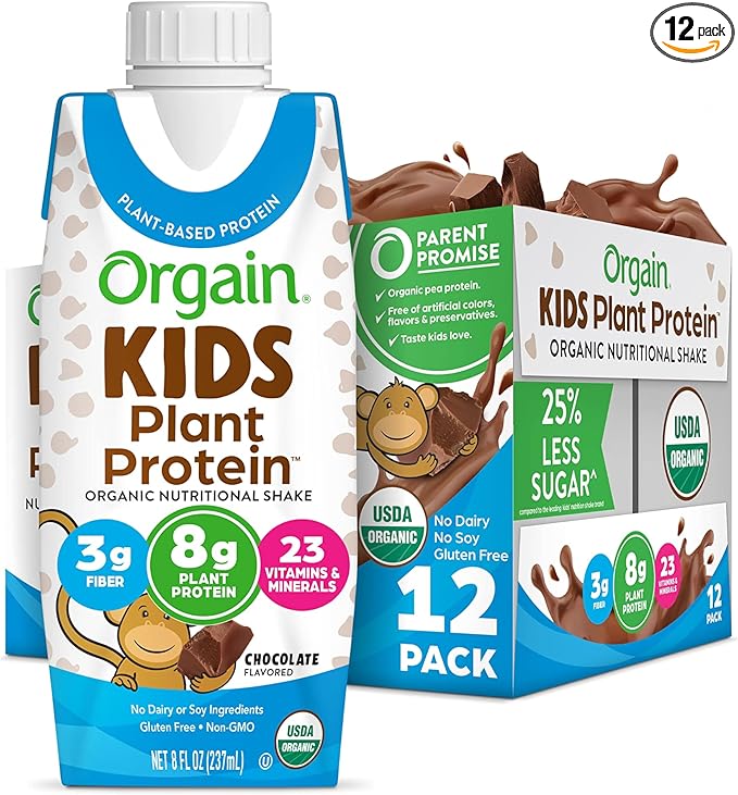 Orgain Organic Kids Nutritional Vegan Protein Shake, Chocolate - Healthy Kids Snacks, 8g Plant Protein, 23 Vitamins & Minerals, 3g Fiber, No Dairy & Soy, Non-GMO, 8 Fl Oz (12 Pack) Package May Vary