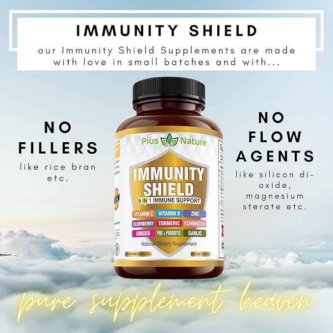 9-in-1 Immune Support Vitamin C (1000mg), Vitamin D3 (5000 IU), Zinc(22mg) with Elderberry, Turmeric, Echinacea, Ginger, Garlic and Pre+Pro-Biotic per Serving (120 caps per Bottle - 2 Month Supply)