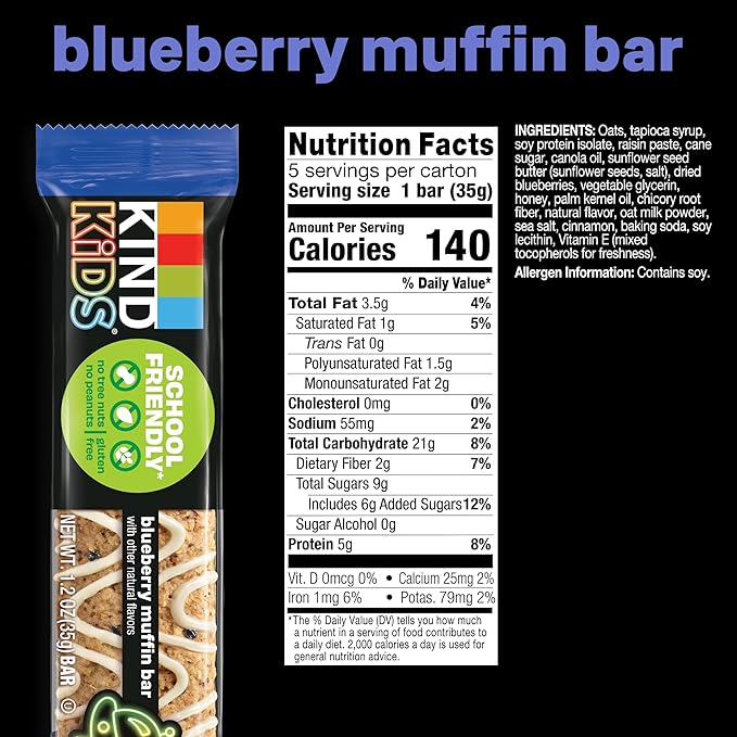KIND Kids Granola Bars, Blueberry Muffin, Gluten Free, Low Sodium, Peanut and Tree Nut Free Snacks, 5g Protein, 5 Count