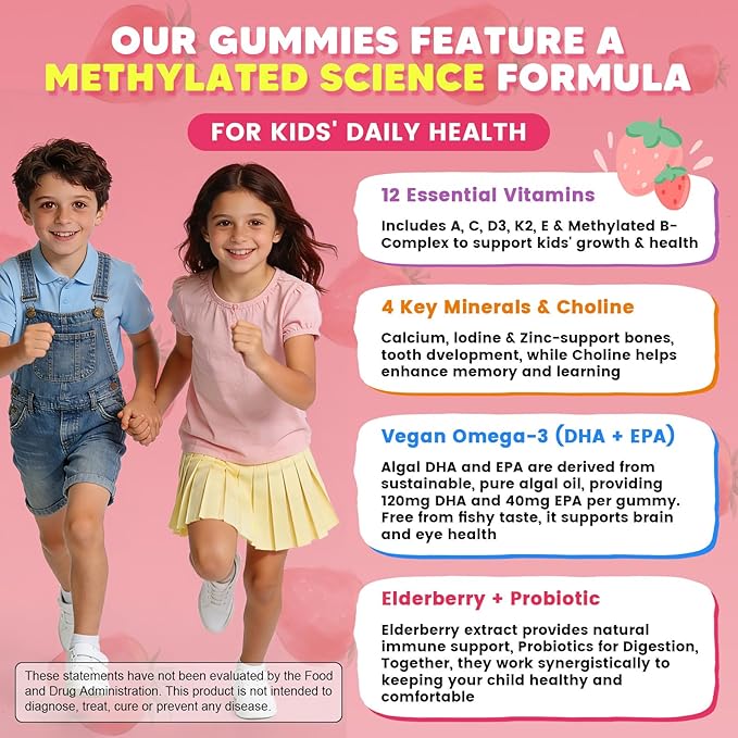 Kids Methylated Multivitamin Gummies with Omega 3, Multivitamin for Kids & Teens 4+ w/L Methylfolate & B12, Calcium, Probiotics, Elderberry, 16 Vitamins for Healthy Growth, Immune Support, Sugar Free