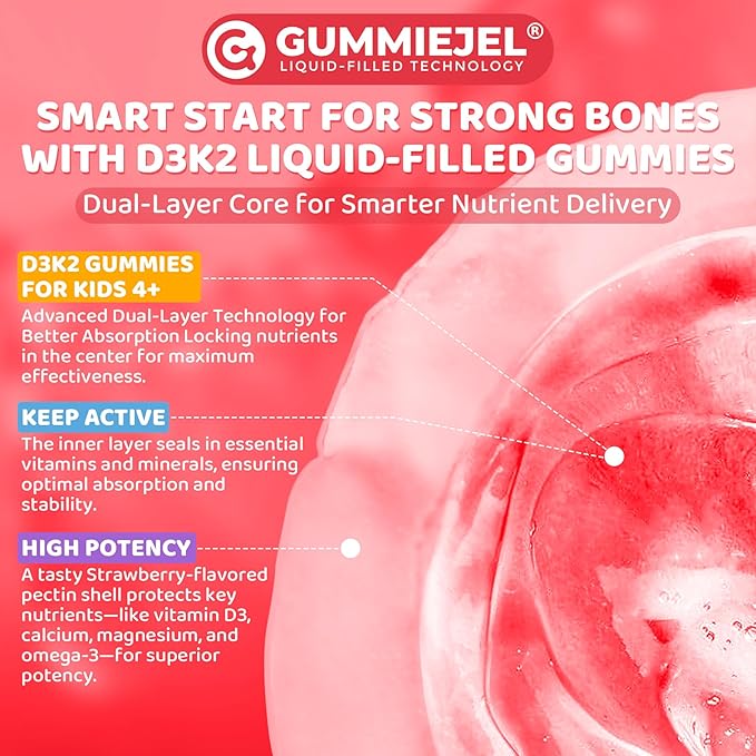 Vitamin D3 K2 + Calcium Liquid-filled Gummies for Kids & Teens, 1000IU / 2000IU D3 with Magnesium, Algal Omega 3, Kids Vitamins for Bones & Teeth, Calcium Absorption, Brain, Immune, Sugar-Free, 2Pack