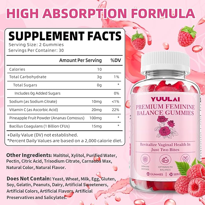 Pack of 2 Premium Feminine Balance Gummies, Hawaiian Pineapple Feminine Gummies for Women PH Balance & Vaginal Health, 120