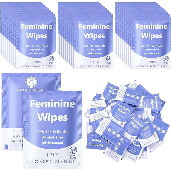 300 Pieces Feminine Wipes Individually Wrapped Women Travel Size Bulk Unscented Intimate Wipes Mild Private Parts Ph Balanced for Travel Bathroom Toilet Daily (Purple)