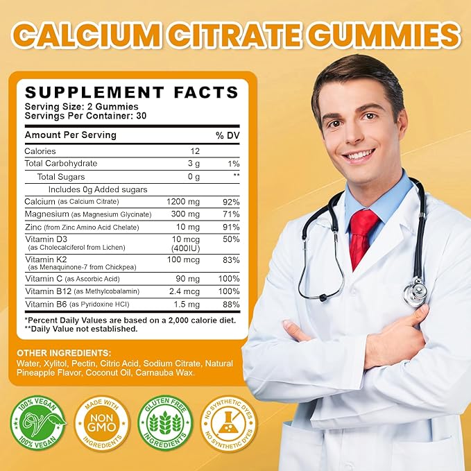 Calcium Citrate Gummies - 1200mg Calcium Gummies Supplements for Women & Men with Vitamin D3, K2, Magnesium, Zinc High Absorption for Bone, Muscle & Immune Support, Pineapple Flavor, 120 Count