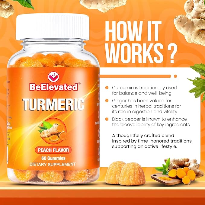 Curcumin Turmeric Gummies – 2000mg Turmeric Extract and Ginger Supplement Gummies – Vegan, Non-GMO, with Black Pepper – 60 Count – Peach Flavor – 30-Day Supply