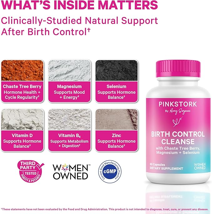 Pink Stork Birth Control Cleanse to Support Hormone Balance, with Chaste Tree Berry (Vitex), Magnesium, and Selenium, Period Support for Conception, Fertility Supplements for Women - 60 Capsules