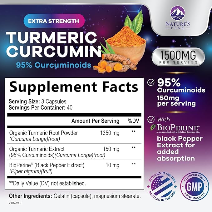 Turmeric Curcumin Supplement - 1350mg Organic Turmeric Per Serving - 95% Curcuminoids & BioPerine Black Pepper Extract for Best Absorption - Natural Vegan Joint Support, Bottled in USA - 120 Capsules