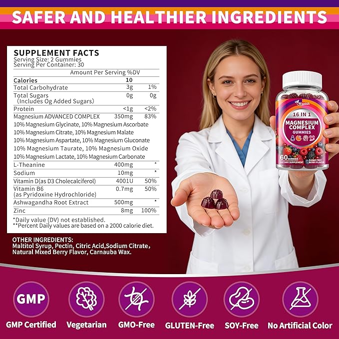 2 Packs-Magnesium Complex Gummies for Women Men，16 in 1 Calm Magnesium Gummy with Glycinate Citrate Malate Taurate - Ashwagandha, L-Theanine, D3&Zinc for Relaxation, Sleep, Muscle&Heart Support, Berry
