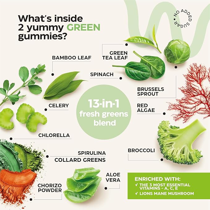 Super Greens + Super Fruits Gummies (Fruits/Greens Powder in Gummies Form) - 600mg Greens Blend + 600mg Fruits Blend for Immune Support, Sugar Free, Vegetarian, Non-GMO, 2-Pack (120 Gummies)