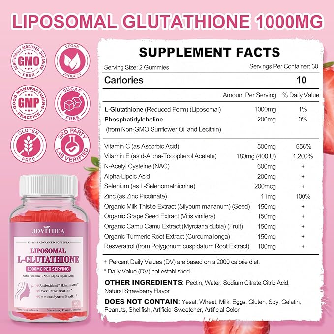 Liposomal Glutathione Gummies 1000mg, High Absorption Glutathione Supplement with Vitamin C, NAC, Milk Thistle for Skin Health, Liver Detox & Immune, Vegan, Sugar Free, Strawberry Flavor, 60 Count
