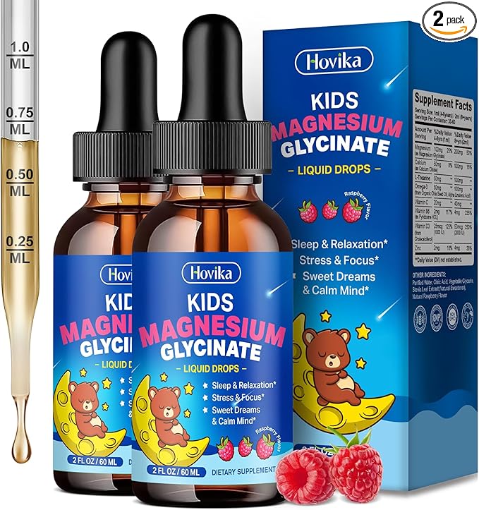 2 Pack Magnesium Drops for Kids - with L-Theanine Omega-3, Vitamin B6, D3, Zinc - Kids Magnesium Glycinate Liquid for Sleep, Relaxation, Calm & Focus - Raspberry Flavor