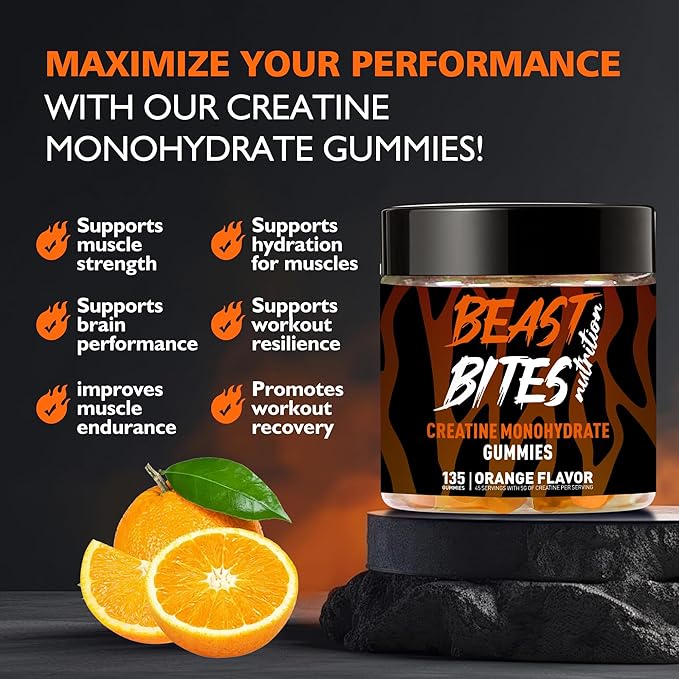 Creatine Monohydrate Gummies for Men & Women - 5g of Creatine Monohydrate per Serving - Sugar Free,Vegan, Orange Flavor, 135 Count (45 Servings).