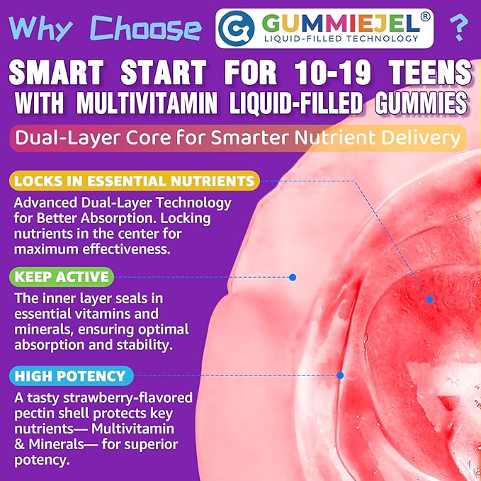 Multivitamin Filled Gummies for Teen Boys Girls 12-17, 18, 19, Kids 10+ Multivitamin with Omega 3, Calcium + Magnesium + Zinc, Multi-Minerals for Adolescent 10-19S Brain, Bone, Energy, Immune, 2Pack