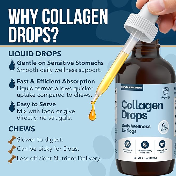 Liquid Collagen for Dogs - Dog Collagen Drops for Dogs, Supports Joints, Skin, Coat, Bones and Itch Relief for Dog, 6 in 1 Formula, 3 Types Collagens, Biotin, Vitamin C, Vitamin E and Hyaluronic Acid